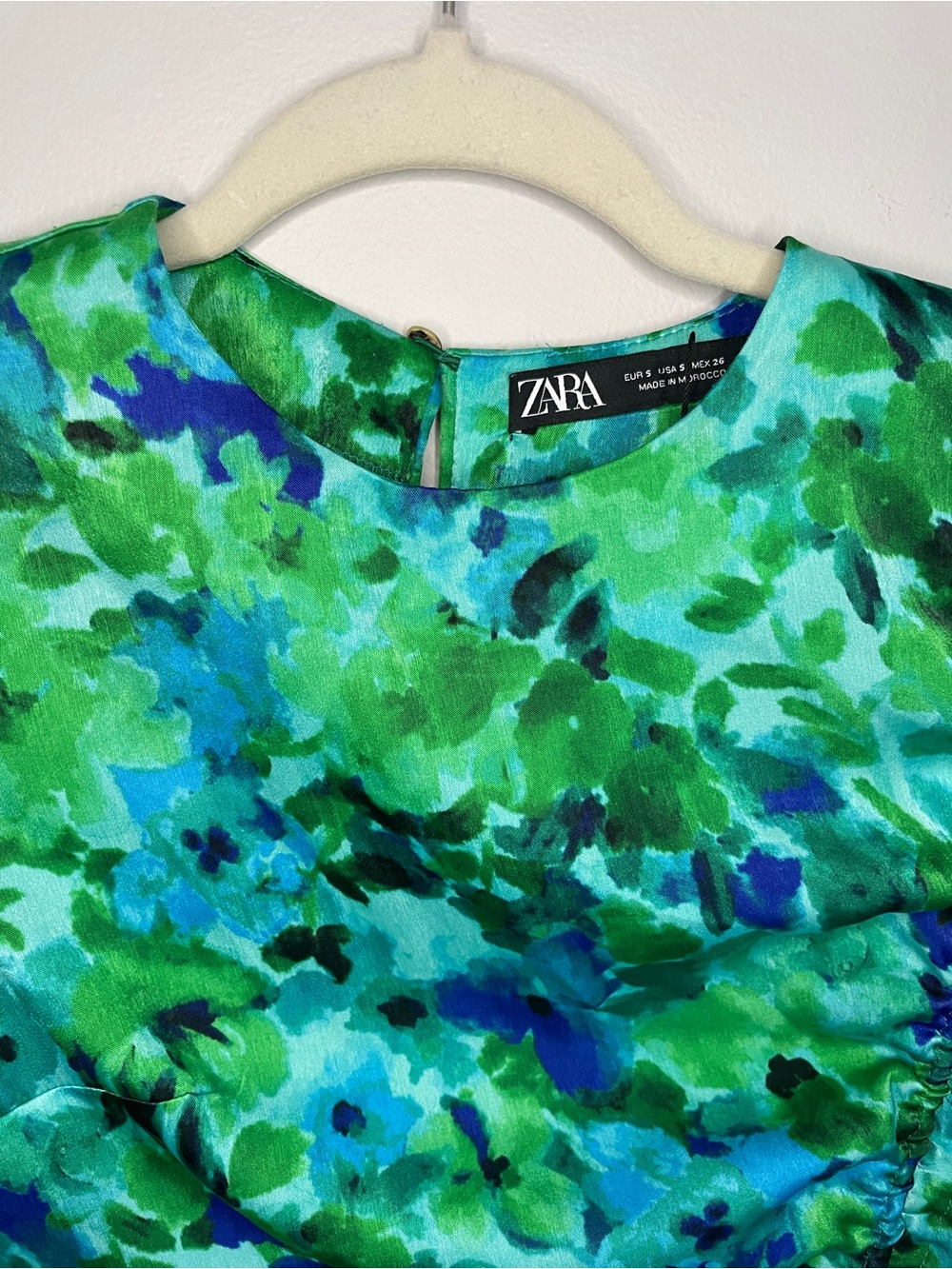 Zara Floral High Neck Long Sleeve Midi Dress Women Small Blue Green Ruched NWOT - Picture 3 of 10
